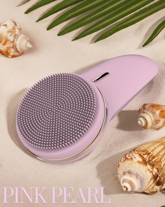 Electric Cleansing Facial Brush - Rechargeable Waterproof Face Exfoliator, 5-Speed Silicone Face Scrubber, Deep Cleanse & Moisturizer, Adjustable Heads, All Skin Types, for Men & Women (Pink Pearl)