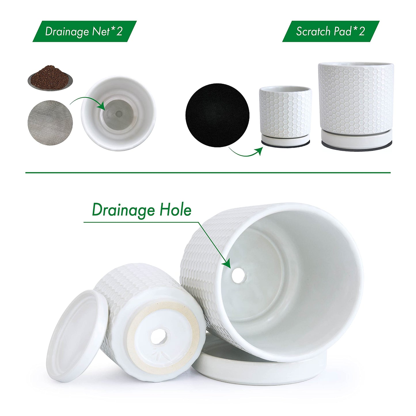 D'vine Dev Set of 2 Modern Matte White Honeycomb Embossed Ceramic Planter Pots with Saucer and Drainage Hole, 4 Inch & 6 Inch, 99-C-1-N