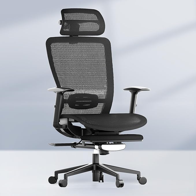 FLEXISPOT OC3 Air Ergonomic Office Chair with Footrest, High Back Computer Chair with Adjustable Lumbar Support/3D Headrest, Desk Chairs for Home Office Gaming Working, Black,Mesh Seat,Air-F