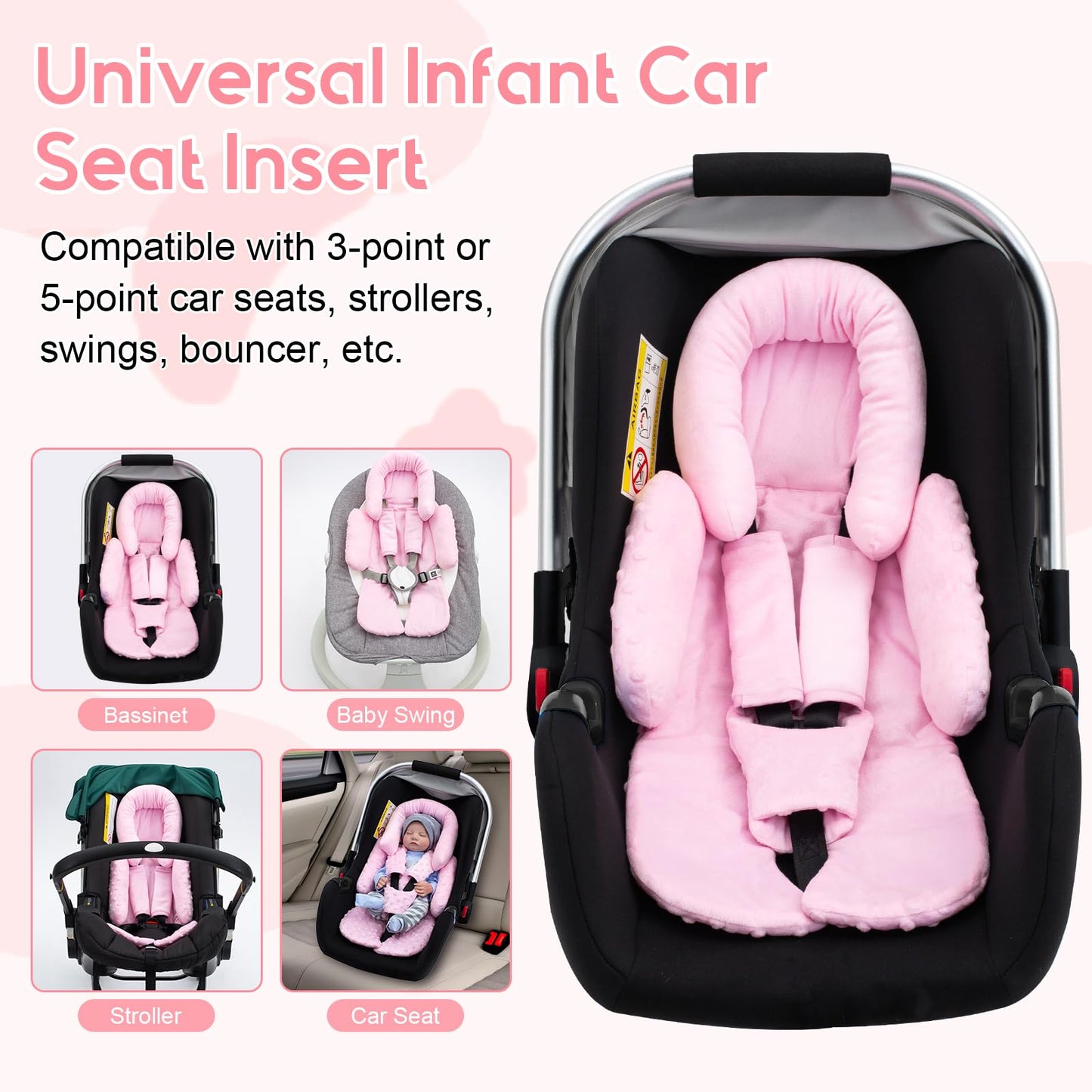 Infant Car Seat Insert with 3 Shoulder & Crocth Covers, Thickened Carseat Head and Body Support for Infant, Reversible Baby Car Seat Cushion for Boys Girls, Soft Mink Dot Newborn Insert for Preemie