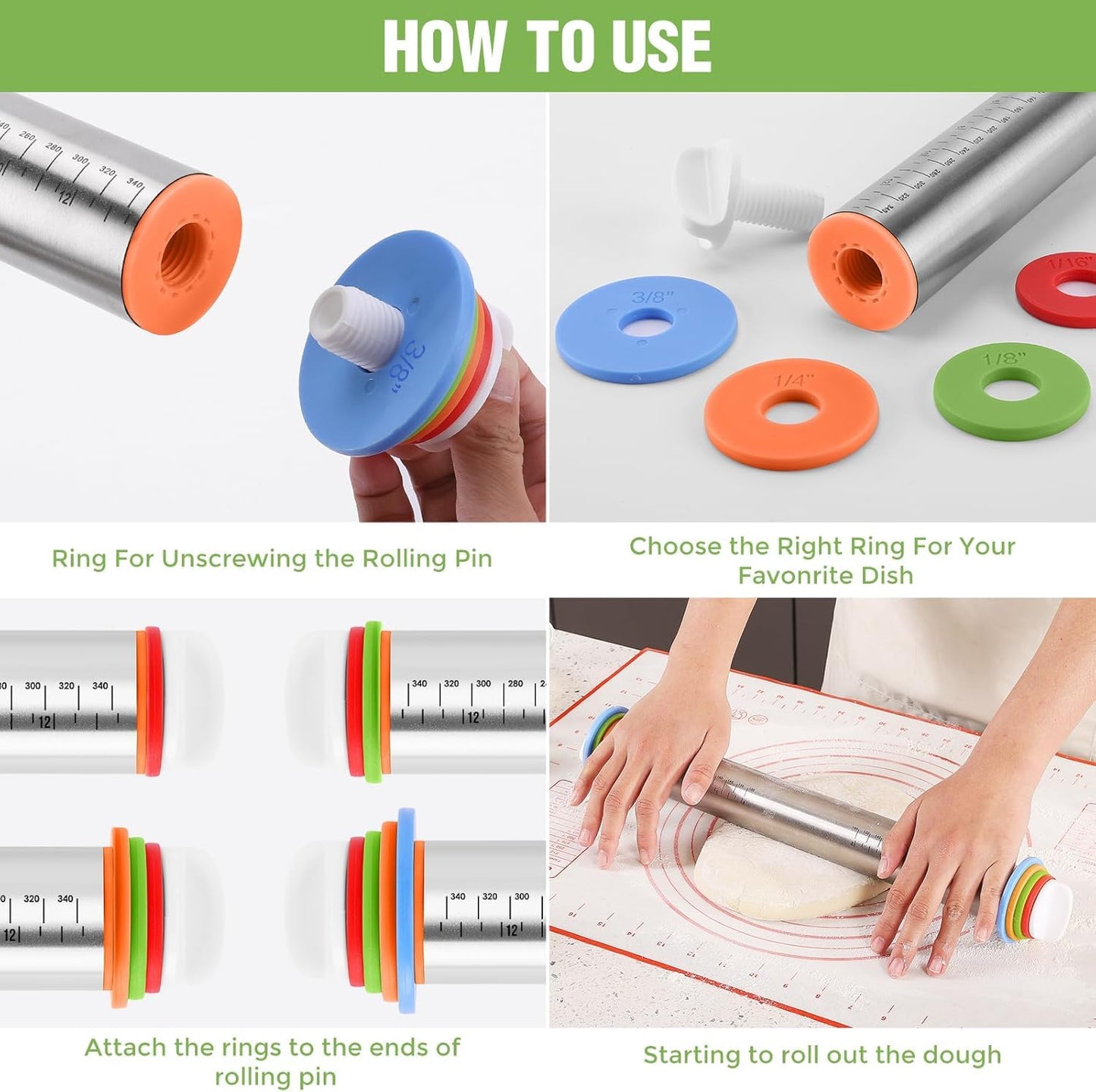 liboyixi Rolling Pin and Pastry Baking Mat Set, 17-inch Rolling Pins with Adjustable Thickness Rings, Stainless Steel Dough Roller for Baking Fondant, Pizza, Pie, Pastry, Pasta, Cookies (black)