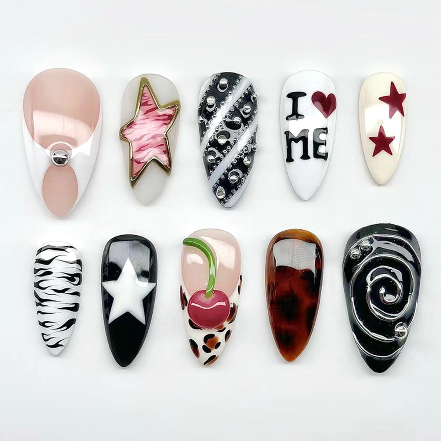 30Pcs Medium Almond Press on Nails Leopard French Fake Nails Heart Cherry False Nails Zebra Stripes Acrylic Stick on Nails Black Stripe Full Cover Y2K Star Glossy Gel Artificial Glue on Nail for Women