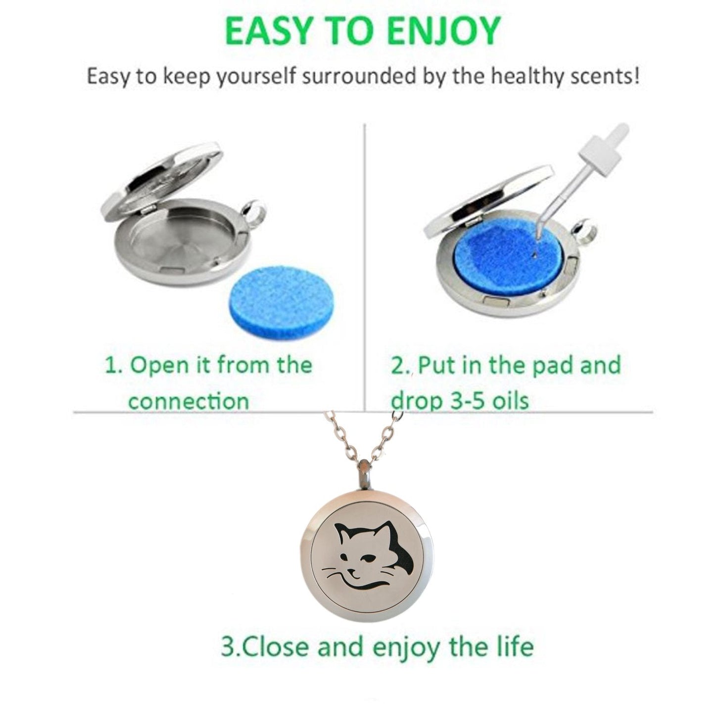 Aromatherapy Essential Oil Diffuser Stainless Steel 30MM Silver Magnetic Locket Pendant with Chain Necklace and Colored Refill Pads & Diffuser Bracelet All in a Velvet Bag (Cathead)