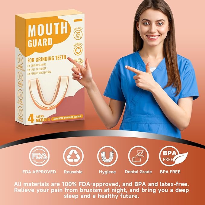 4 Pack Orange Mouth Guards for Women and Teens, Medium Size, Moldable Night Guards for Teeth Grinding and Clenching, Comfortable Bite Guards, Stylish Custom Dental Guards for Protection