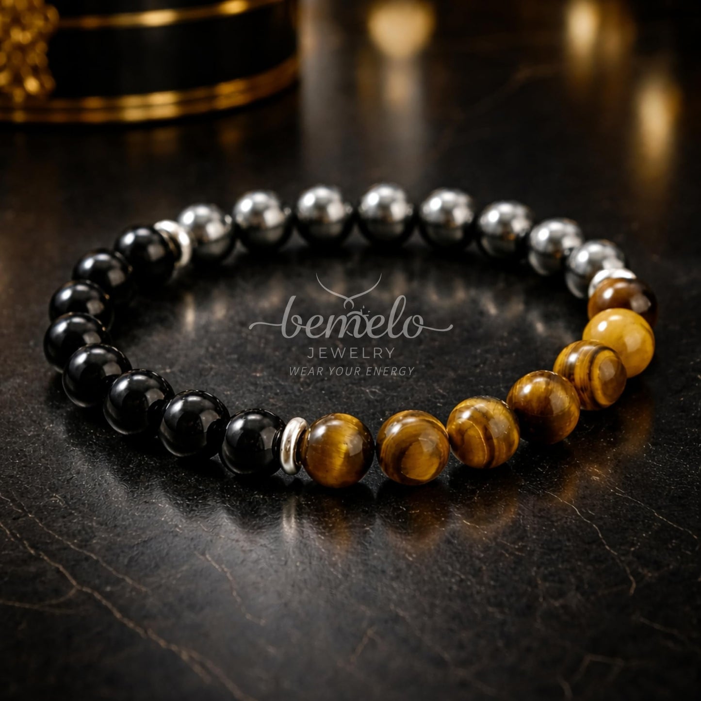 BEMELO Triple Protection Bracelet for Men & Women, 8mm Tiger Eye - Black Tourmaline - Hematite, Natural Stone Beaded Stretch Bracelet