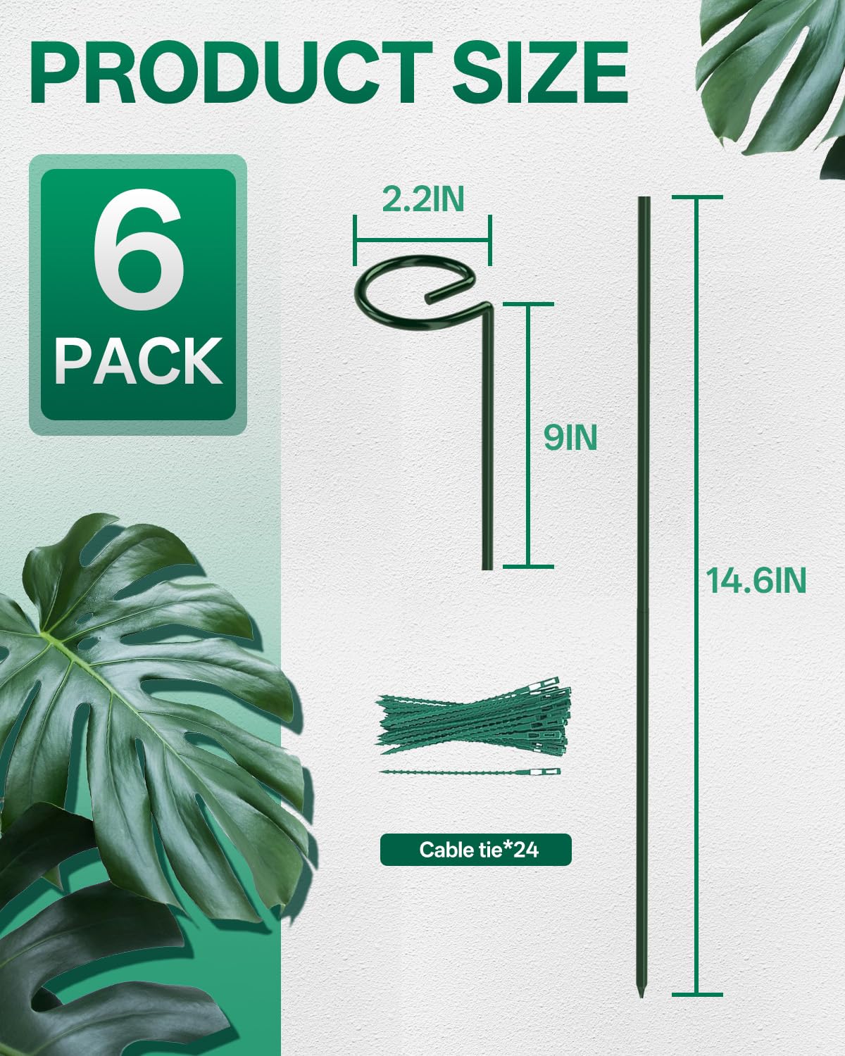 Breeze Touch 6 Pack Plant Stakes, 23.6 Inch Plant Support Stakes with 15 Twist Ties, Plant Sticks Support, Flower Stakes for Plants Peony, Tomato Seedling, Marigold, Amaryllis, Sapling, Coreopsis