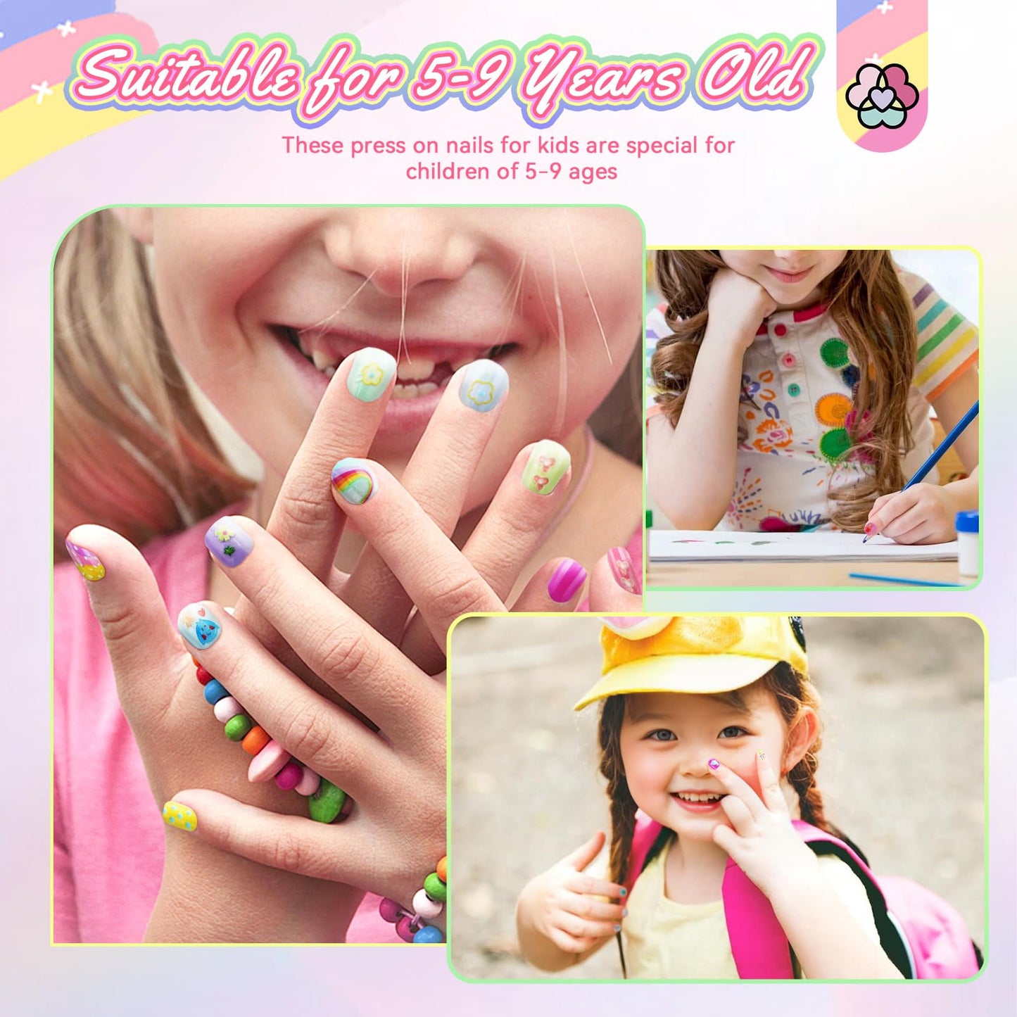 SAVILAND 3D Press on Nails for Kids: 7 Pack Kid Press on Nails for 5-9 Years Pre Glue Full Cover Short Kids Fake Nails Stick On Children Artificial False Nail Tips Fingernails Gifts for Kid