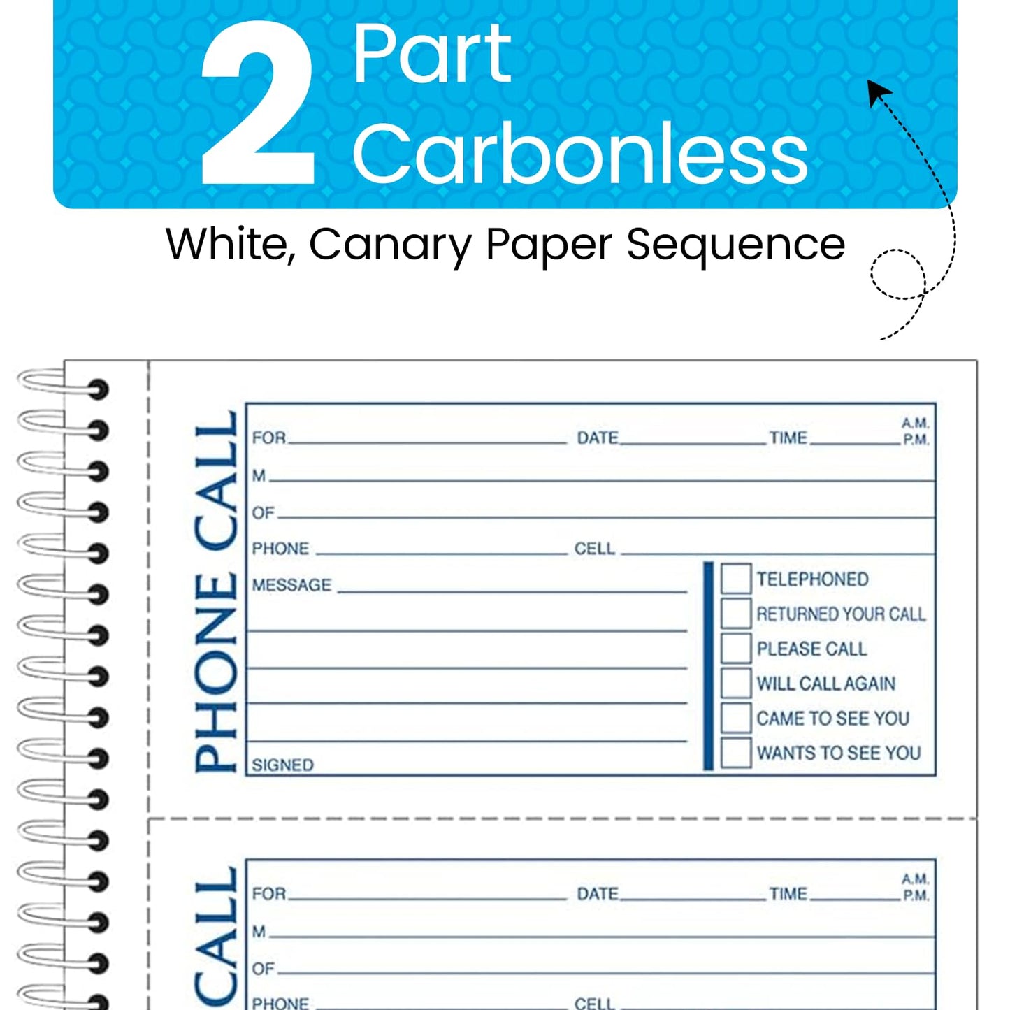 Adams Phone Message Book, 5.25 x 11 Inch, Spiral Bound, 2-Part, Carbonless, 4 Messages per Page, 400 Sets, 2-Pack, White and Canary (S1154-2D)