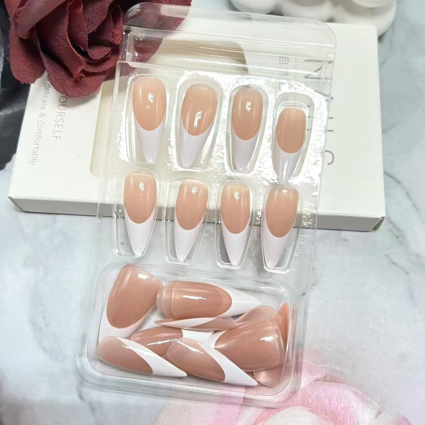 Extra Long Almond Press on Nails White French Tip Fake Nails Glossy Full Cover Glue on Nail for Women