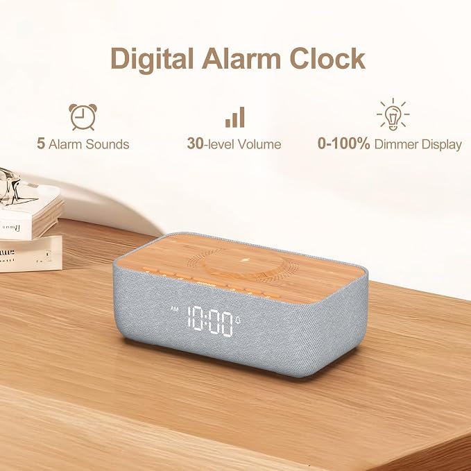 REACHER 15W Magnetic Wireless Charging Alarm Clock with White Noise Machine
