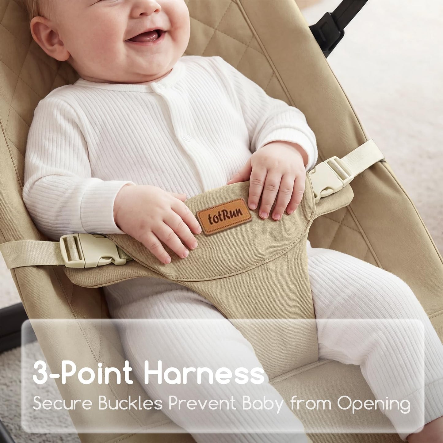 Foldable Baby Bouncer Seat - Portable Infant Bouncer with Adjustable Height, Khaki Polyester