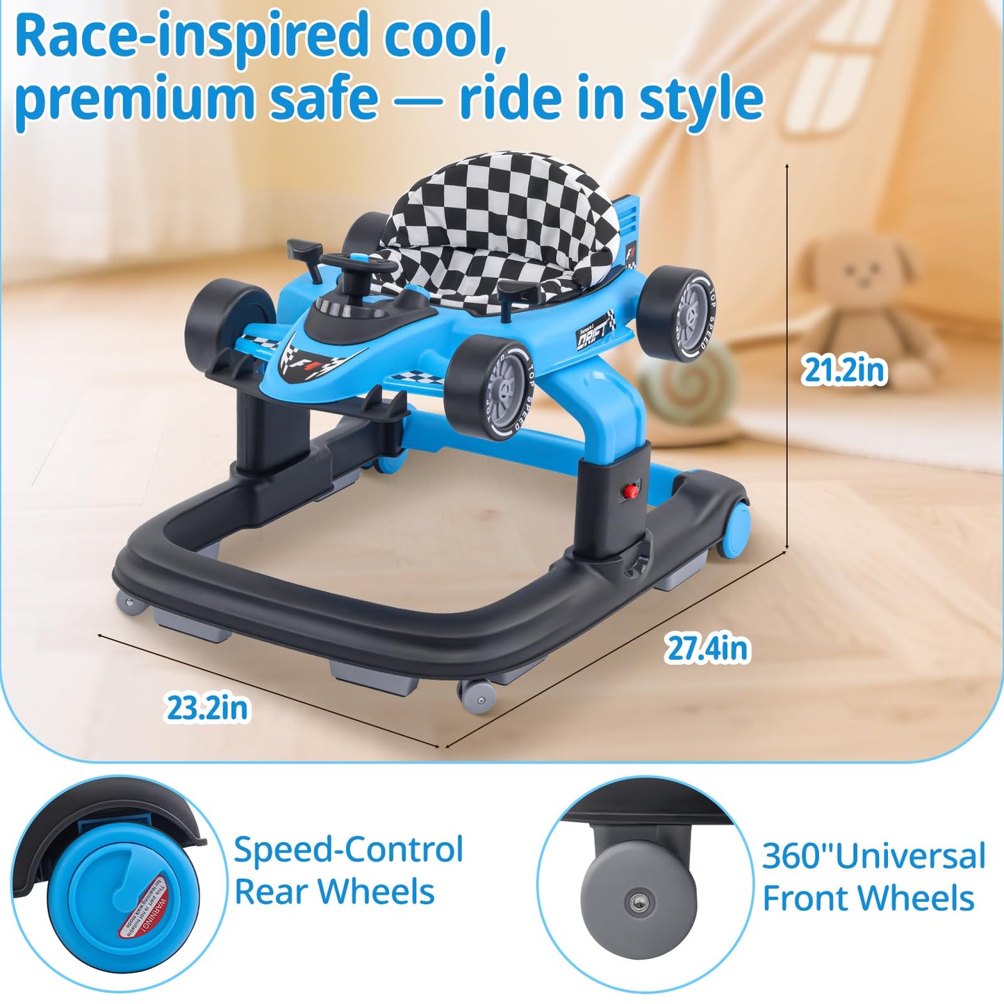 Baby Walker with Wheels | 3 Adjustable Heights, Reinforced Frame, 4 Modes (Push Walker & Jumper), Speed & Height Adjustments, Music, Lights, Anti-Rollover Design, for 6-18 Month Olds