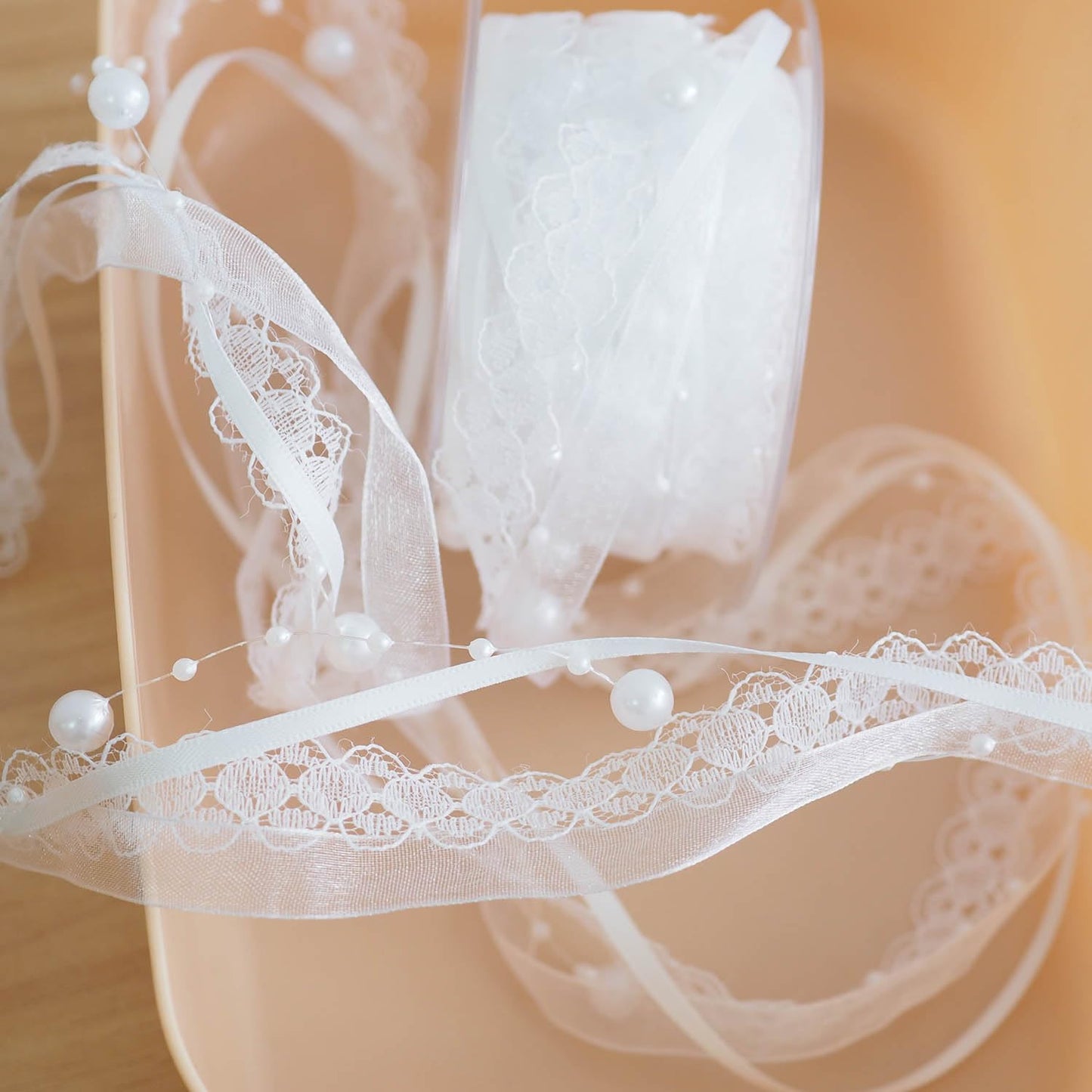 Youmeizer 5M /5.5 Yard 4-in-1 Pearl String Satin Ribbon Lace Organza for Wedding Flower Christmas Tree Decoration Sewing Craft Packaging (White)