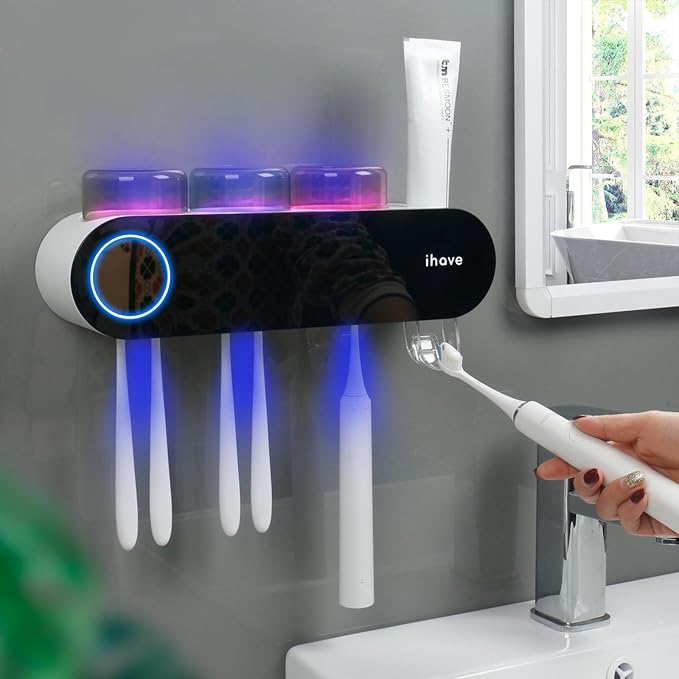 iHave Wall Mounted Electric Toothbrush Holders with 3 Cups, UV Sanitizer, Toothpaste Dispenser, Smart Home Bathroom Accessories & Decor, Black