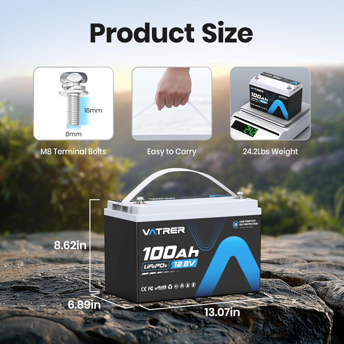2Pack 12V 100AH Low Temp Cutoff LiFePO4 Lithium Battery with 1280W, Built-in 100A BMS, 5000+ Cycles Rechargeable Battery, Perfect for RV/Camper, Solar, and Off-Grid Applications, etc.