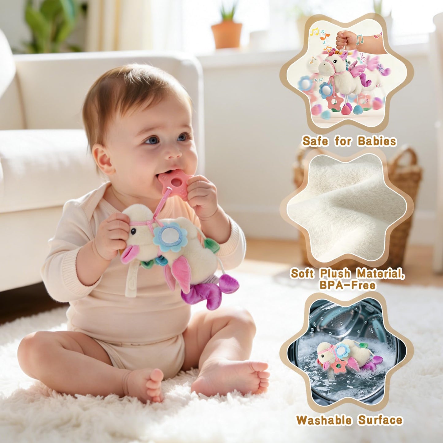 TYRY.HU Baby Stroller or Car Seat Toy,Soft Plush Stroller & Cot Hanging Toys, Rattle Sensory Developmental Activity Toy-Textured Ribbons&Crinkle Sounds&Silicone Teether, Gift for 0 3 6 9 12 Months