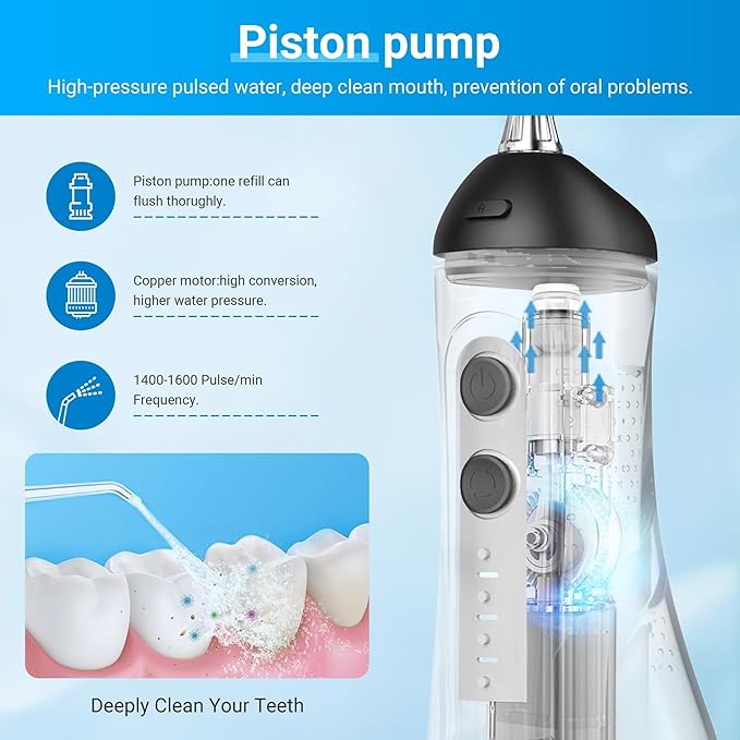Portable Water Flosser for Teeth - 4 Modes Cordless Oral Irrigator with 300ML Tank, 360° Rotating Nozzle, 4 Jet Tips, Rechargeable, IPX7 Waterproof, Low Noise Gravity Ball Design (M159 - Black)