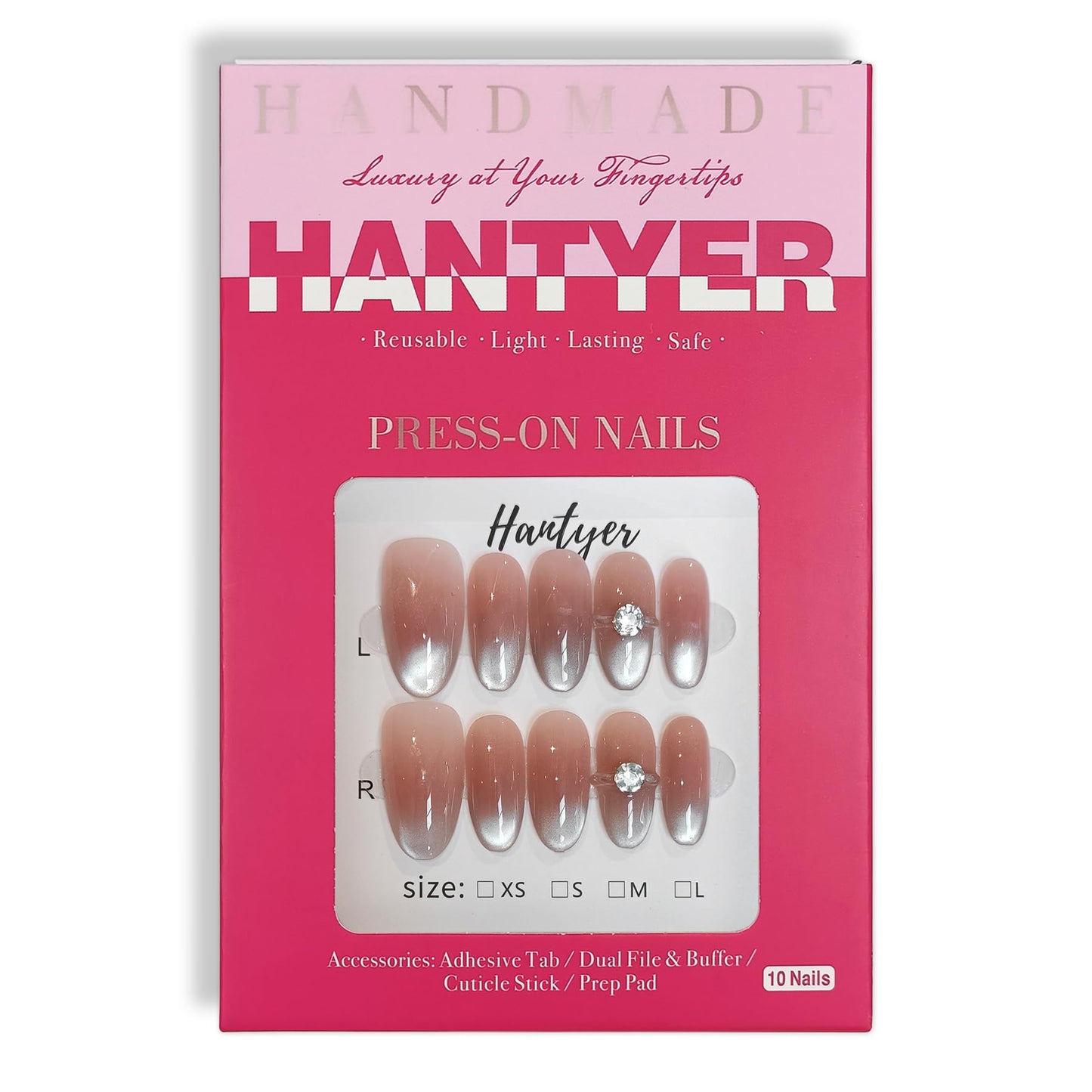 Hantyer Medium Oval Press On Nails, Handmade Soft Gel Nude Pink Ombre Glossy Fake Nails with 3D Diamond Ring Accent, Gradient Design Full Cover Reusable False Nails for Women 10PCS Kit (Size M)