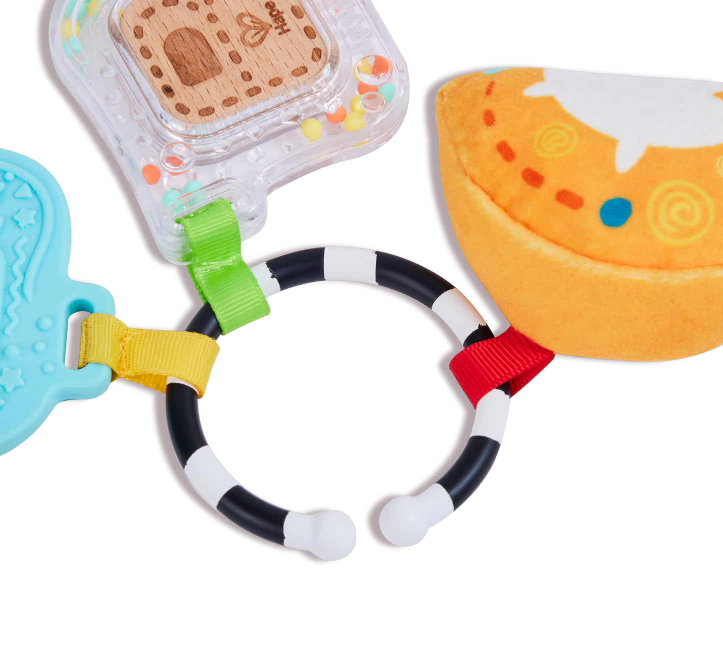 Hape Sensory ABCs Playset, 3-in-1 Baby Travel Toy with Silicone Teether, Rattle, and Plush Toy, High-Contrast Portable High Seat & Stroller Toy for Infants 3-12 Months