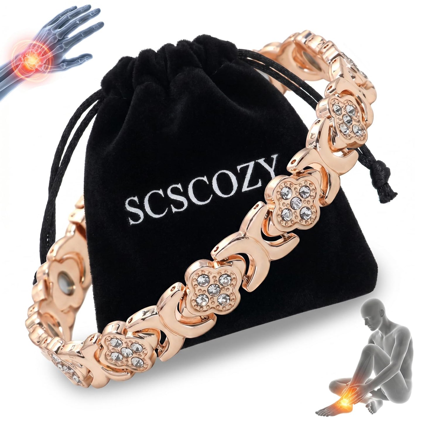 SCSCOZY Magnetic Copper Bracelets for Women with 3800 Gauss Magnets, Pure Copper Bracelet with Four Leaf Clover, Womens Copper Strength Bracelet with Adjustable Cuff for Arthritis