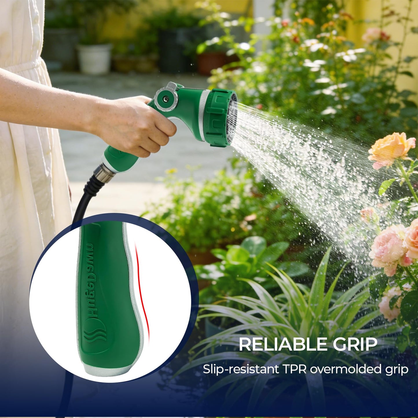 HugeDawn Garden Hose Nozzle with 7 Spray Patterns, Heavy Duty Metal Sprayer 30% Greater Water Flow for Watering, Car Wash, Outdoor Cleaning (Green)