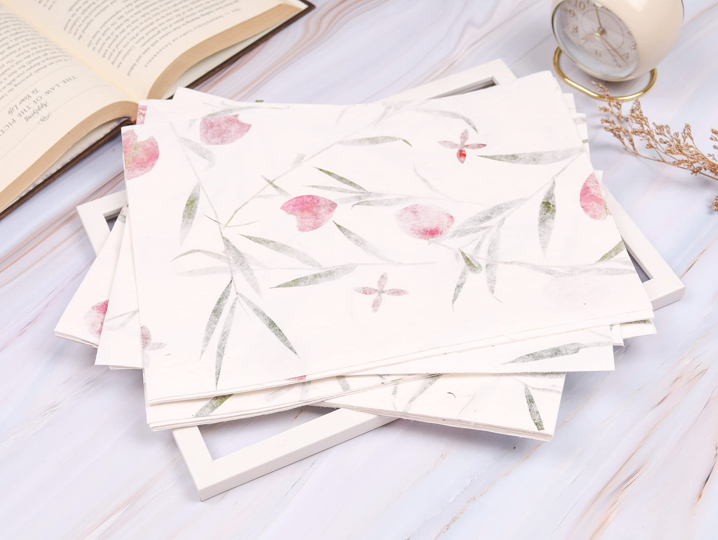 Handmade A4 Thick Mulberry Paper Sheets, Painting, Writing, Decorative Paper, Card Making Paper DIY Craft, 20pcs (Bougainvillea Flowers/Grass, A4)