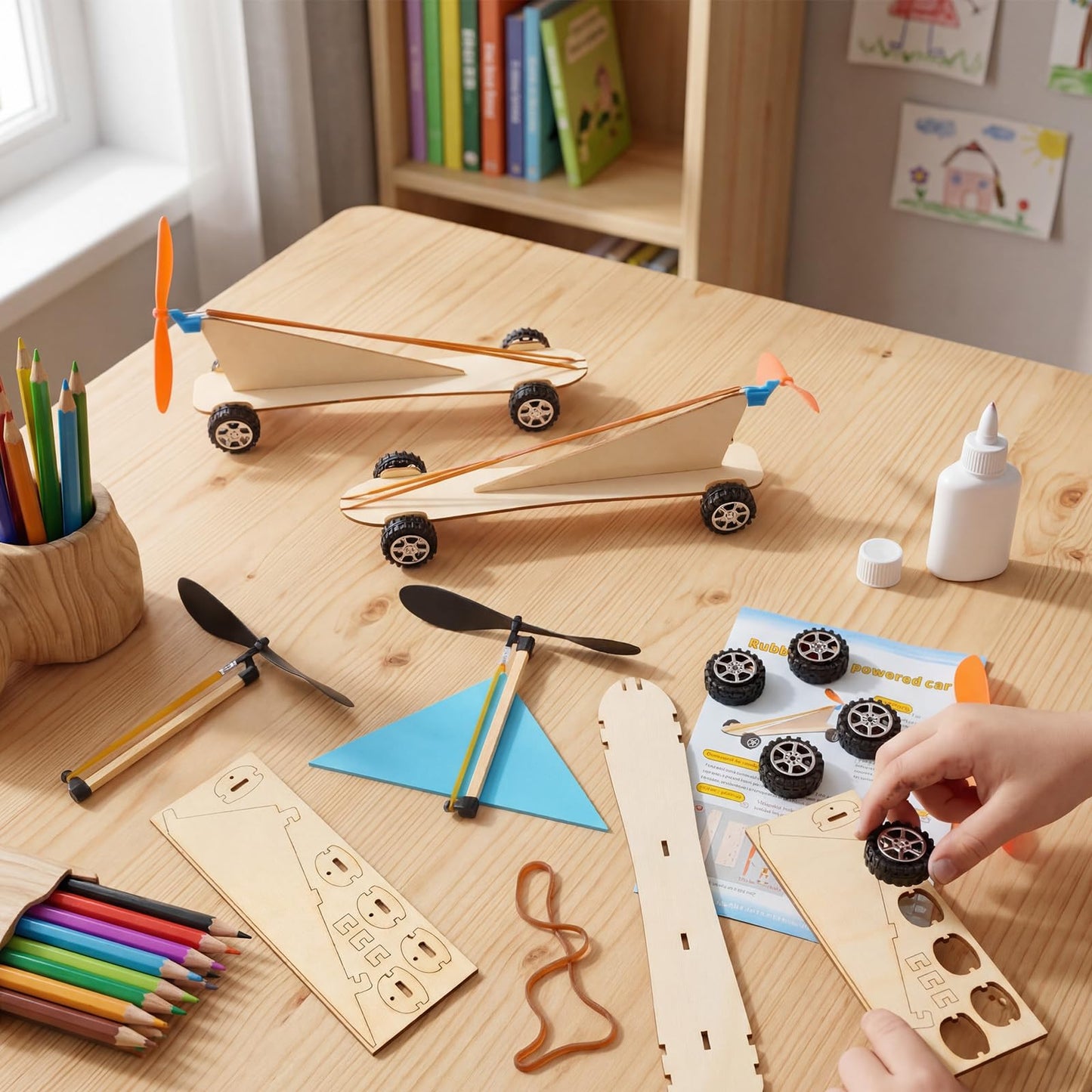 Teyva Daily 24 Set Rubber Band Helicopter and Propeller Car Kit DIY Bulk Stem Crafts Project with Complete Materials and Instructions for Science Fair, Group Activities
