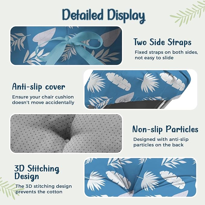 4 Pack Outdoor Chaise Lounge Chair Cushion 75.1 x 22.8 x 4.7 Inches 100% Waterproof Replacement Cotton Patio Pool Lounge Chair Cushion for Outdoor Furniture with Ties, Blue Leaf