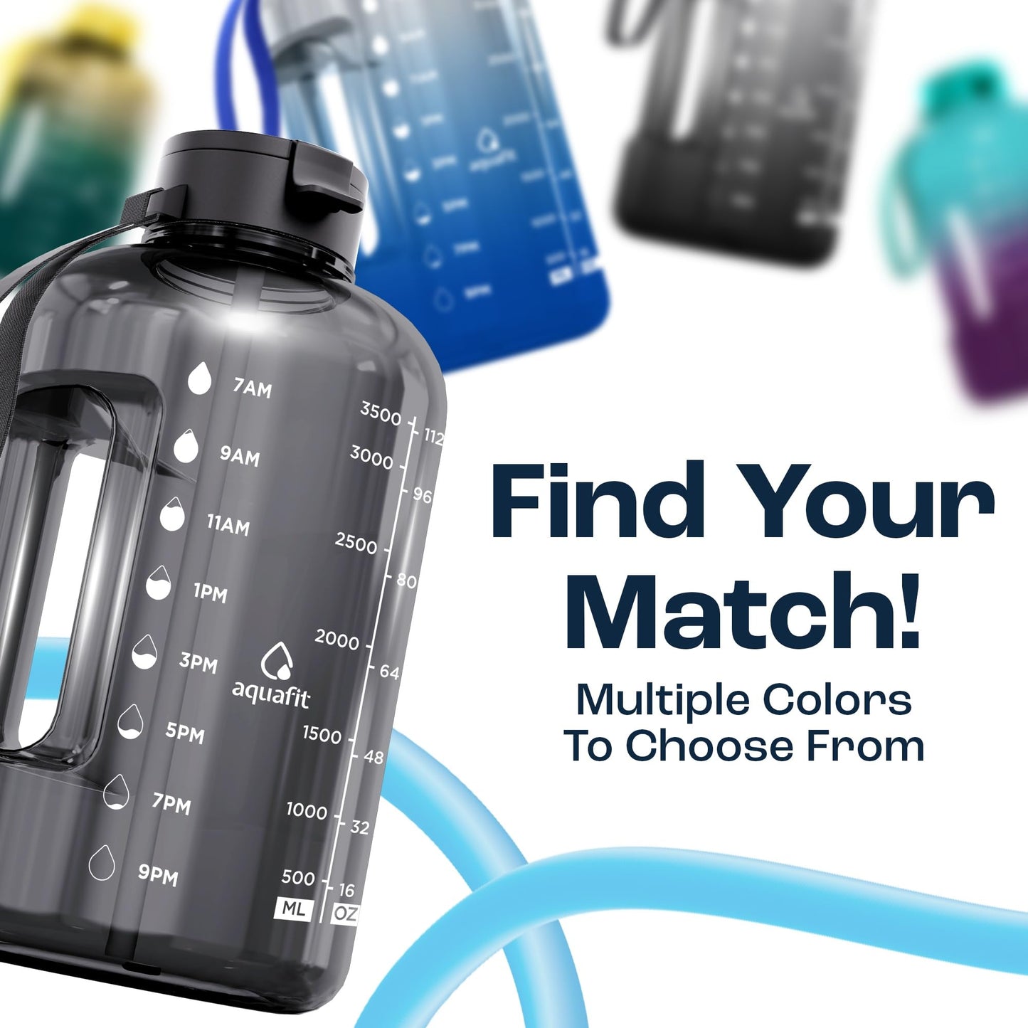 AQUAFIT 1 Gallon Water Bottle with Time Marker - Straw & Chug Lid - BPA Free Gym Water Bottle with Straw - Big Gallon Jug (Gray, 128 oz - 2 Lids)