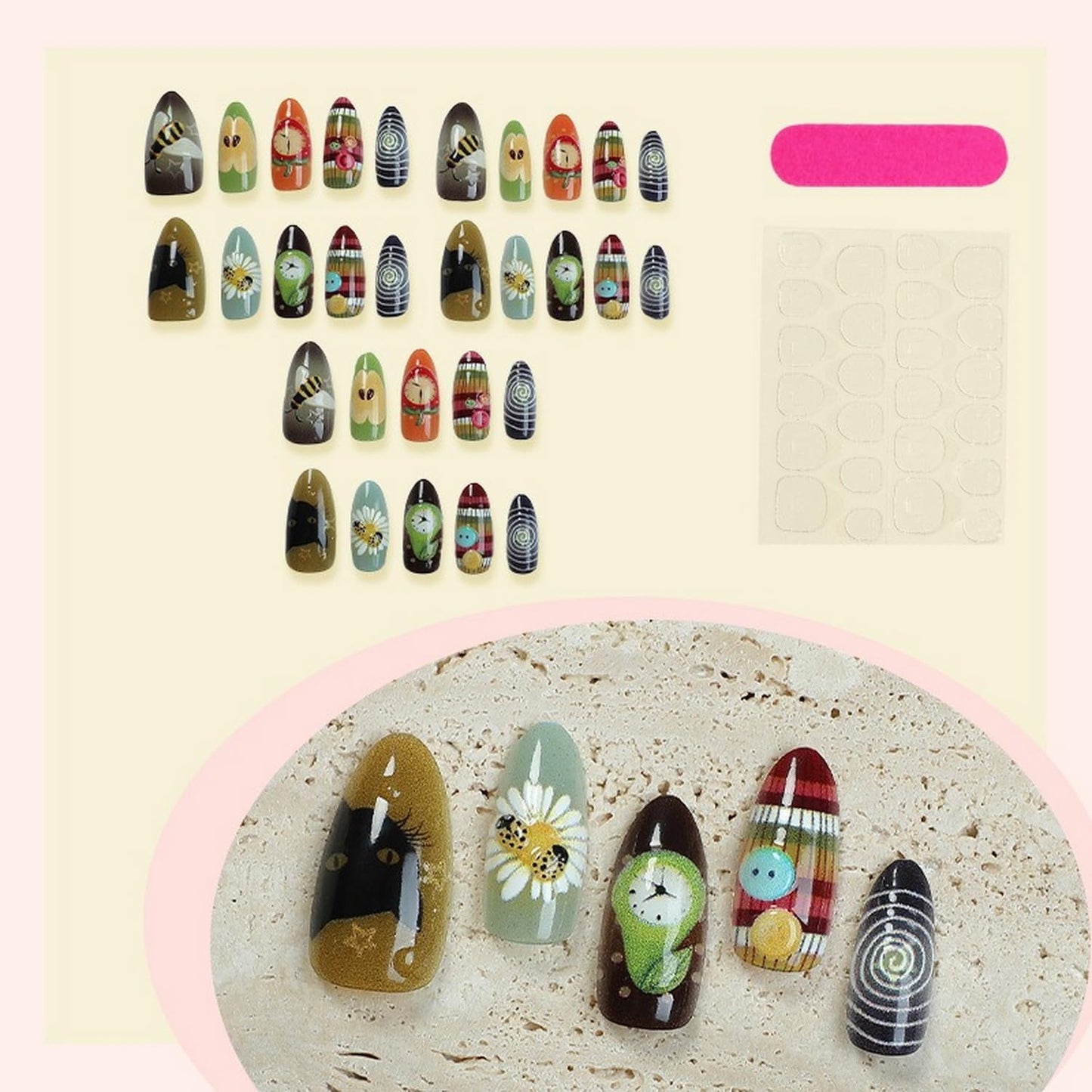 Medium Almond Press on Nails SWEKKE Floral Fake Nails Cute False Nails with Cat Strawberry Bee Designs Funny Glossy Glue on Nails Stick on Nails for Women Girls 30Pcs