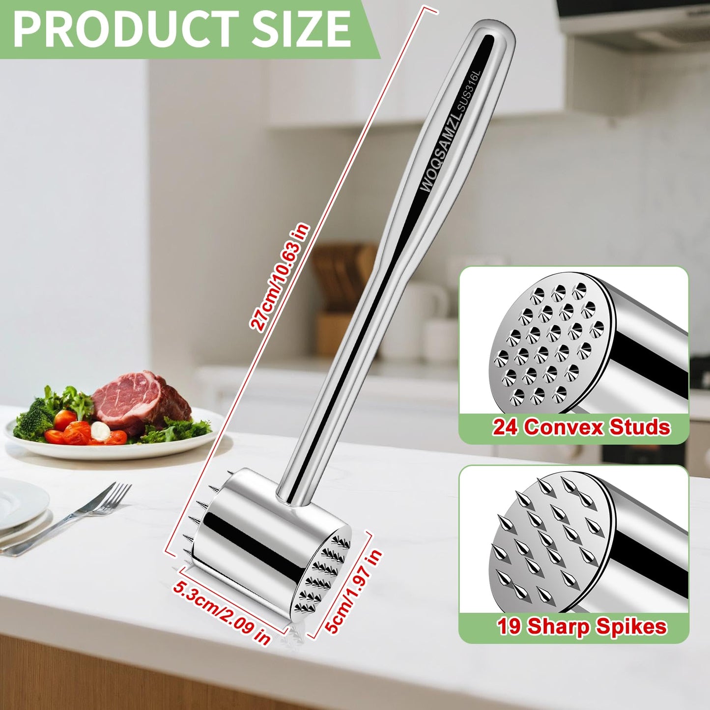 2-in-1 Real 316L Stainless Steel Meat Tenderizer Mallet Hammer, Professional Meat Pounder with 19 Sharp Needle Spikes, Dual-Sided Heavy Duty 1.09lb Versatile Kitchen Tool,Solid & Dishwasher Safe