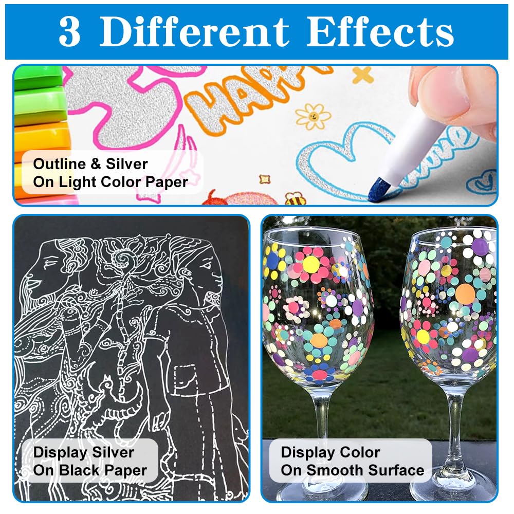 TRANSON 12pcs Outline Shimmering Markers with Metallic for Fun Art Drawing Craft DIY