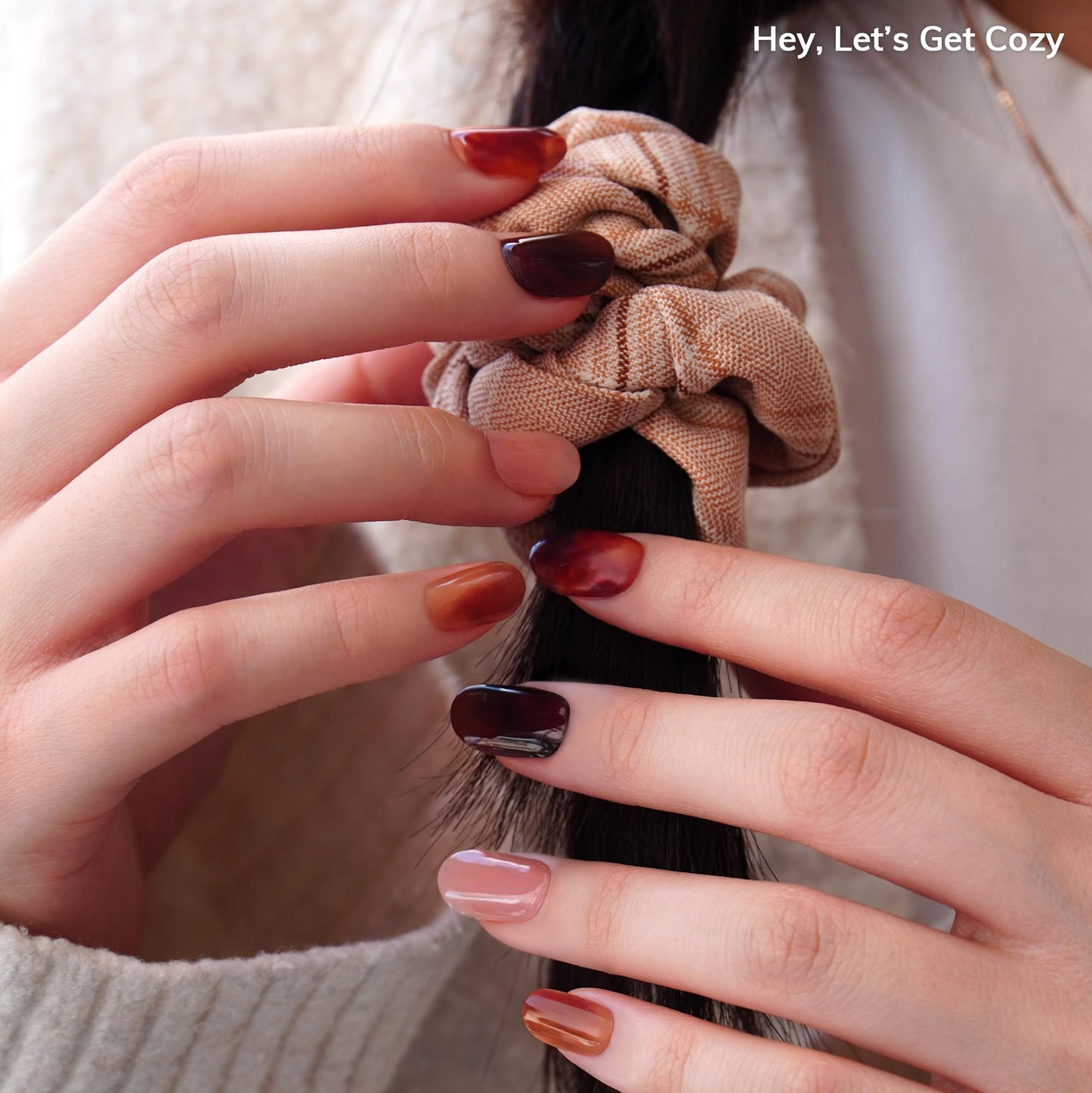 Heyhae Semi Cured Gel Nail Strips | No LED Lamp Needed | Fall, Marble, Brown | Easy Apply & Remove, Salon Quality | Includes 28 Strips, 1 Prep Pads, Nail File & Wooden stick - Hey, Let’s Get Cozy