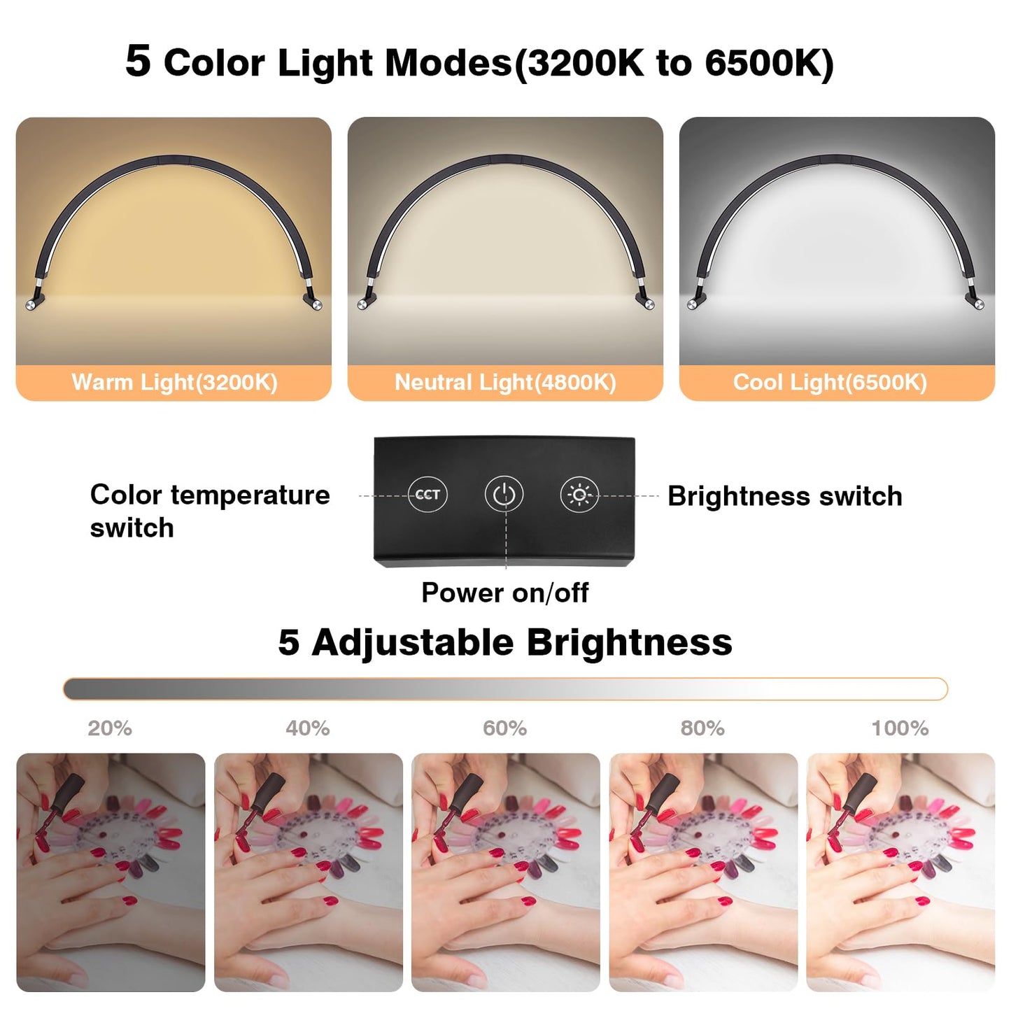 Mznoo Nail Light for Desk, 30'' LED Half Moon Lamp for Nail Techs, Manicure and Handicraft, Adjustable Color Modes and Brightness, with Phone Holder (Black)