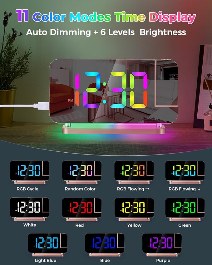 SZELAM Projection Alarm Clock,7.4 in LED Mirror Digital Clocks Projection on Ceiling Wall,with RGB Night Light,USB C Charging Port,Auto Dimming,Modern Desk Clock for Bedroom Decor - Rose Gold