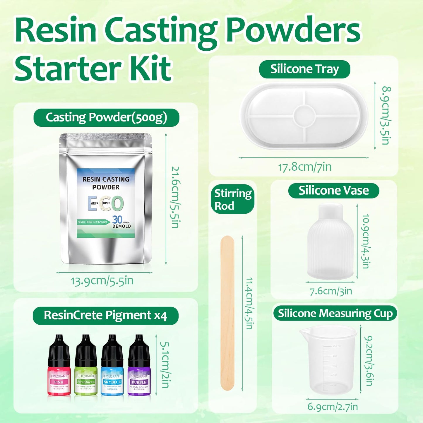 Resin Casting Powder, Water-Based Resin Powder Formula, Fast Cured Casting Resin Kit for Beginne with 4 Pcs Resin Pigment, Vase and Base Silicone Molds, Silicone Measuring Cup, Stirring Rod