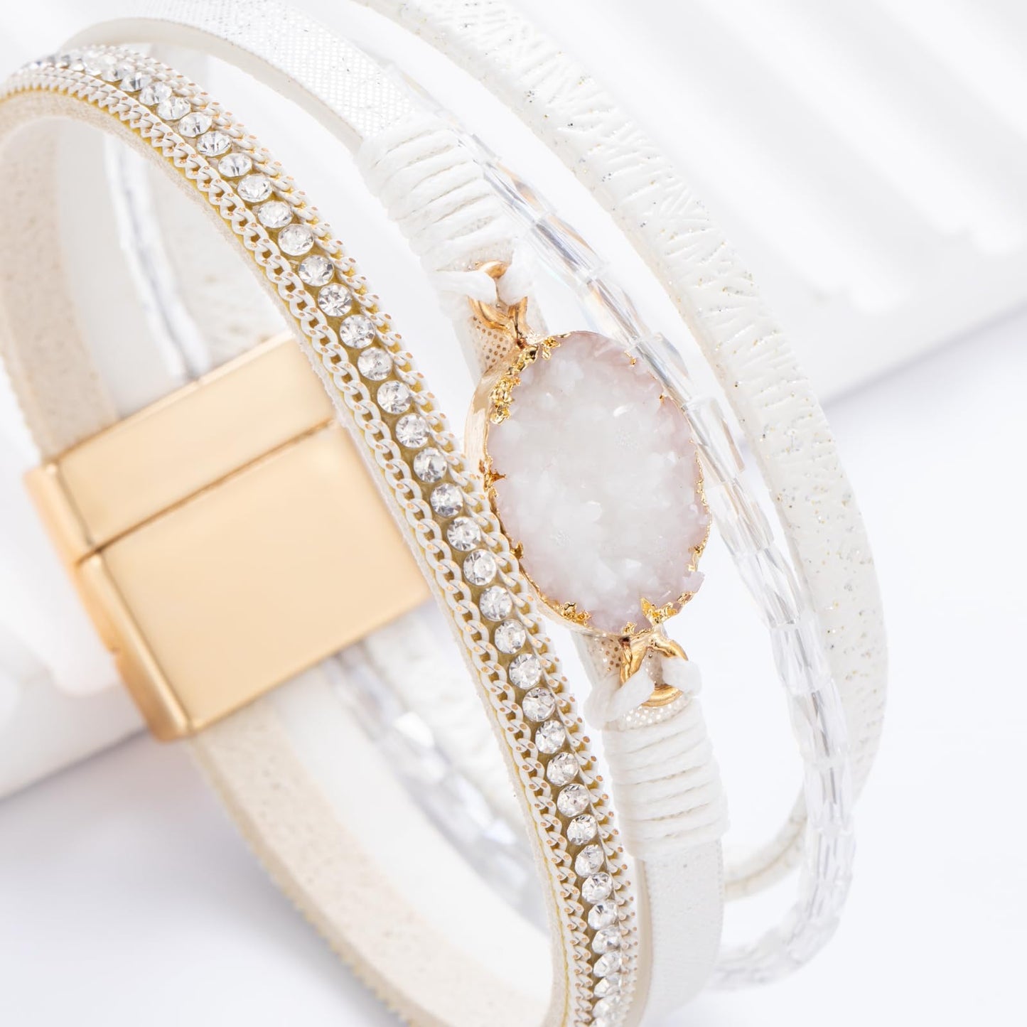 FANCY SHINY Boho Leather Wrap Bracelet Stackable Chunky Crystal Cuff Bracelets with Magnetic Clasp Cowboy Cowgirl Western Summer Beach Outfits Jewelry Gifts for Women (7.7", White)