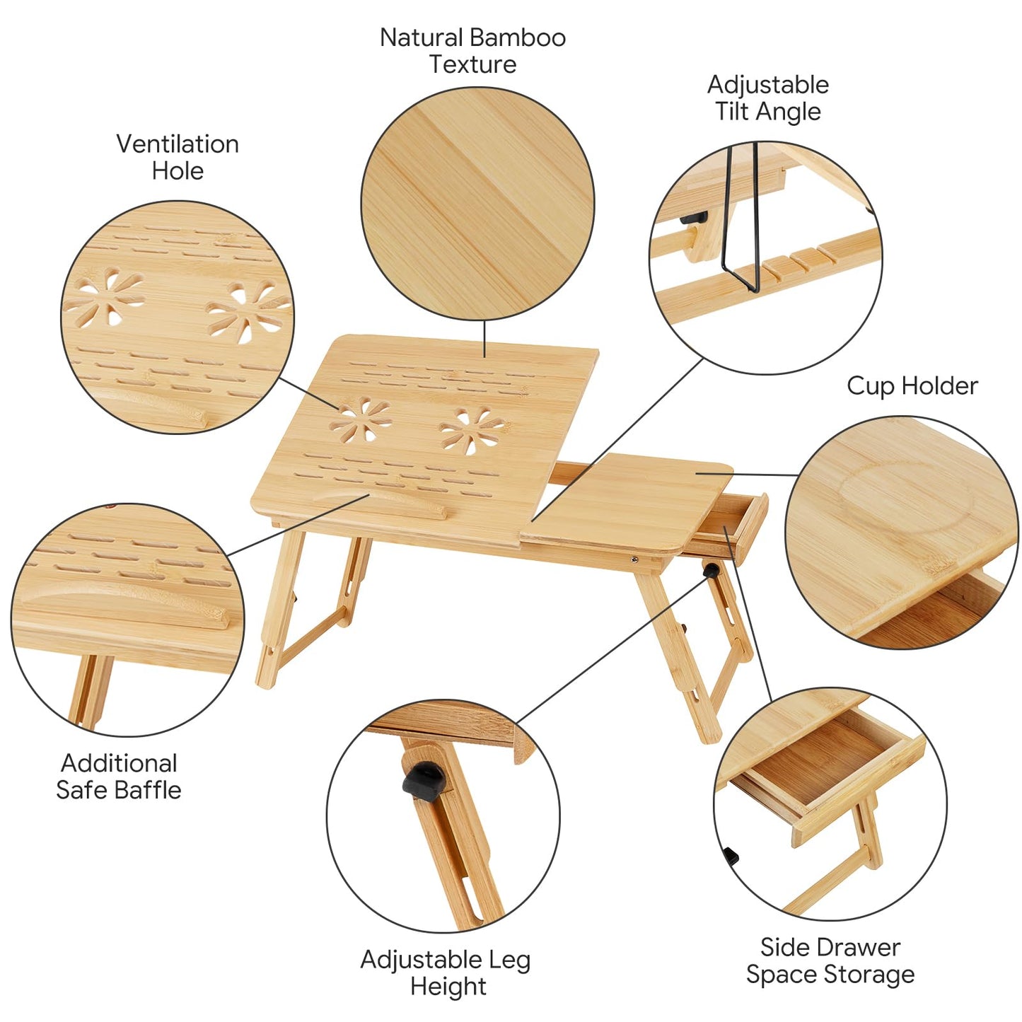 Usofhaus Bamboo Laptop Desk for Bed, Height & Angle Adjustable Foldable Lap Desk with Drawer & Cup Holder, Portable Bed Desk Table for Working, Reading, Writing or Breakfast on Sofa, Couch or Floor