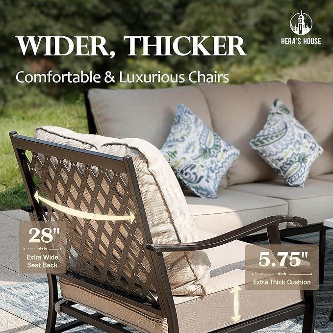 HERA'S HOUSE 5 Pieces Patio Furniture Set, 2 x Cushioned Rocking Chair, 2 x Ottoman, 1 x 3-Seat Sofa, All Cushioned 7 Seats Outdoor Conversation Set for Lawn Garden Backyard
