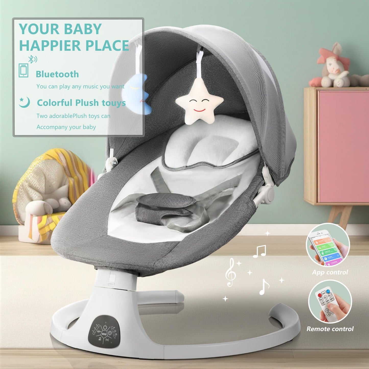 Baby Swing for Infants, Bluetooth Infant Swing with Music Speaker, Bluetooth Touch Screen/Remote Control Timing Function with 5 Speeds, 3 Seat Positions,10 Music, 5 Point Harness Belt