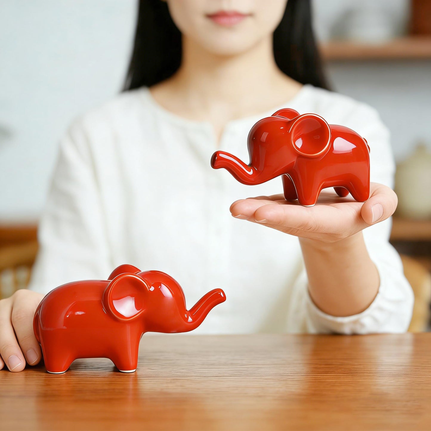 OwMell Good Luck Elephant Decor for Home, Small Ceramic Elephant Statue Figurine for Home Decor, Elephant Collection Ornament - Red