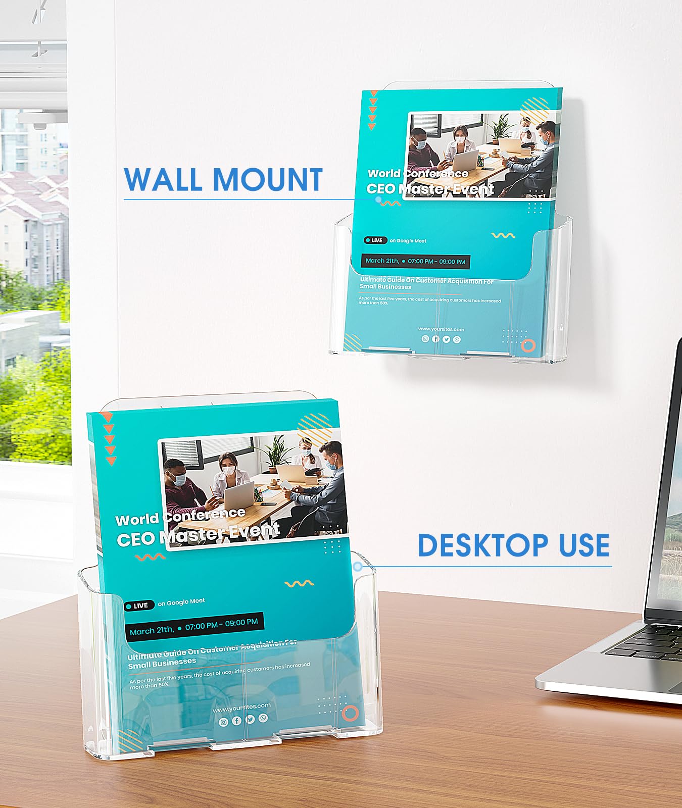 KTRIO Acrylic Brochure Holder 8.5 x 11 Clear Literature Display Stand, Plastic Flyer Holder for Trifold Brochures, Menus, Magazines, Pamphlets, Documents, Desk or Wall Mount, 2 Pack