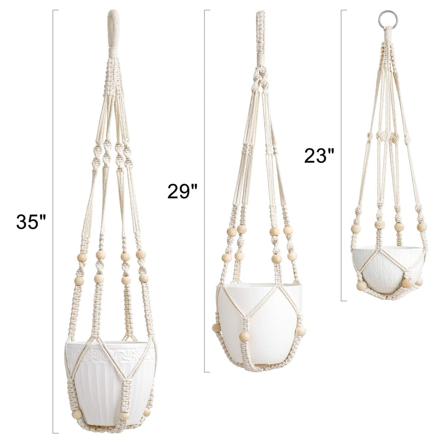 Mkono 3 Pack Macrame Plant Hangers and Ceiling Hooks, Different Size Hanging Planter Basket Flower Pot Holder with Beads，Medium, Ivory