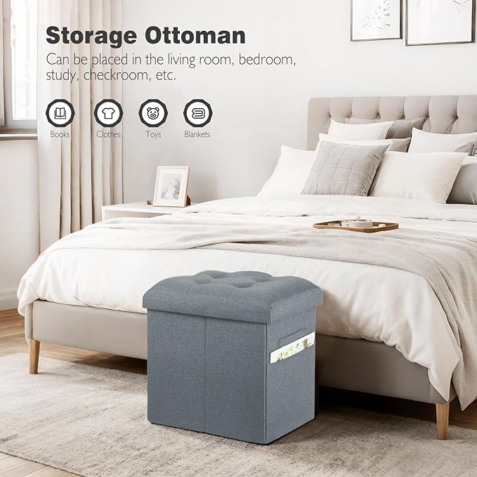 Ottoman with Storage, 61L Slim Tall Linen Footstool Bench with Thicker Foam Padded Seat. Ottoman Foot Rest for Living Room, Bedroom, Coffee Table. 350lbs Load Capacity, 17x13x17in, Light Gray