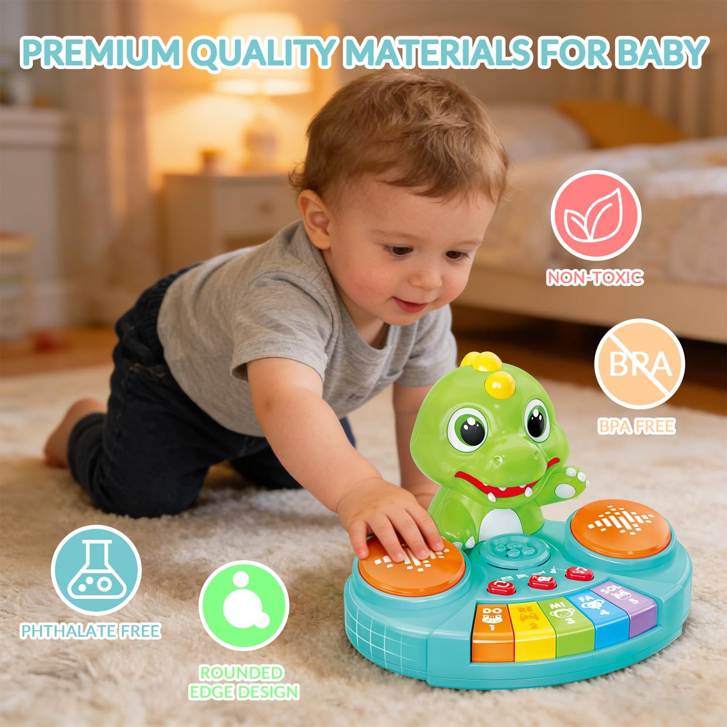 DPDos Dinosaur Baby Piano Toy with Animal Sounds, Light Up Educational Keyboard, Interactive Musical Toys for Babies 6-12 Months and Toddlers