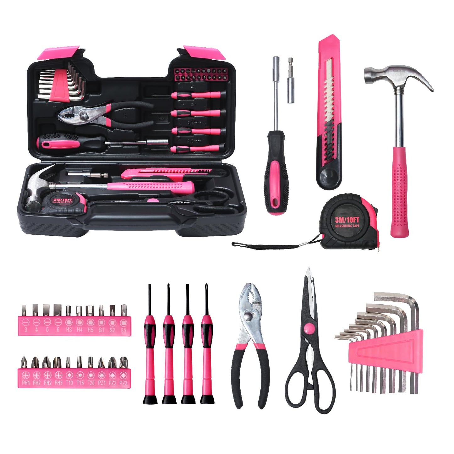 ABCY 39 Piece Basic Tool kit for Women, All Purpose Pink Tool ser Household Hand Tools with Toolbox for Home Repairs, College Dorm Essentials, DIY Crafts & Gifts