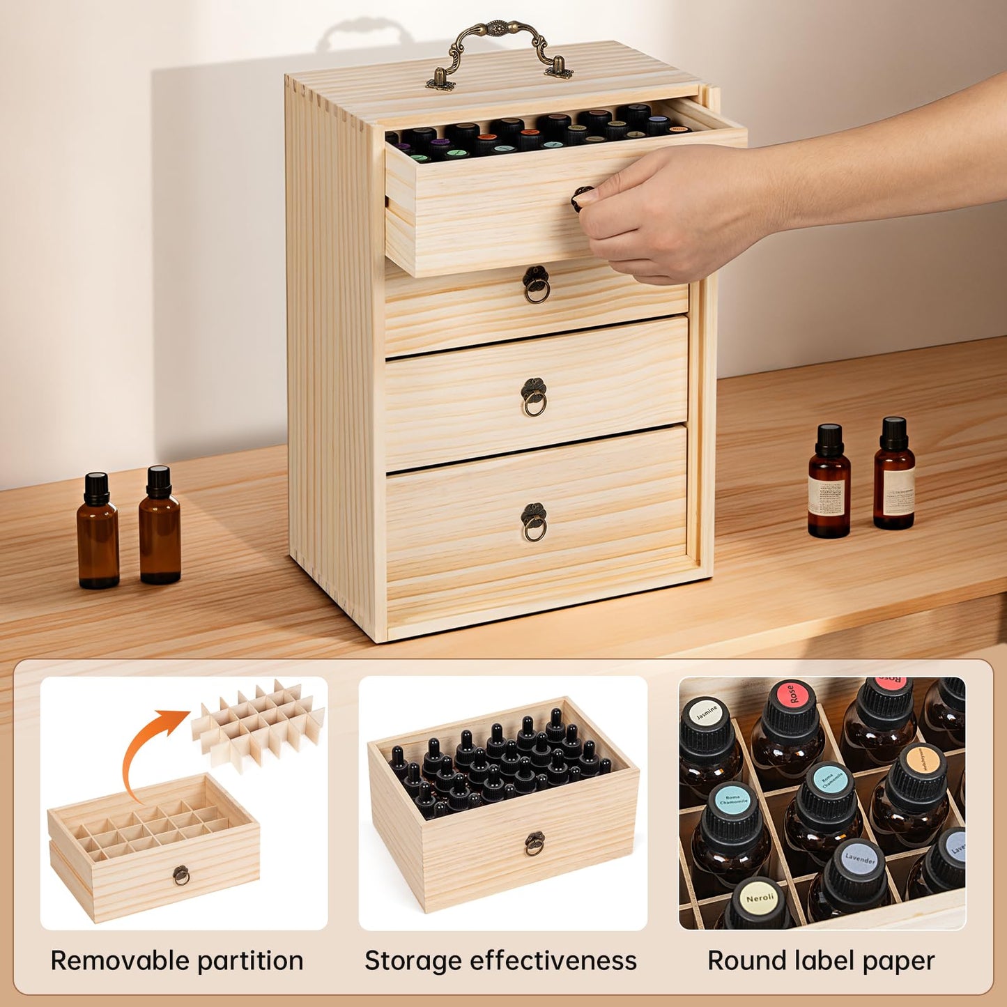 TORIBIO Essential Oil Storage Box for 96 Bottles, Wooden Essential Oils Holder Organizer Holds 5-30ml for Young Living & Doterra Bottles