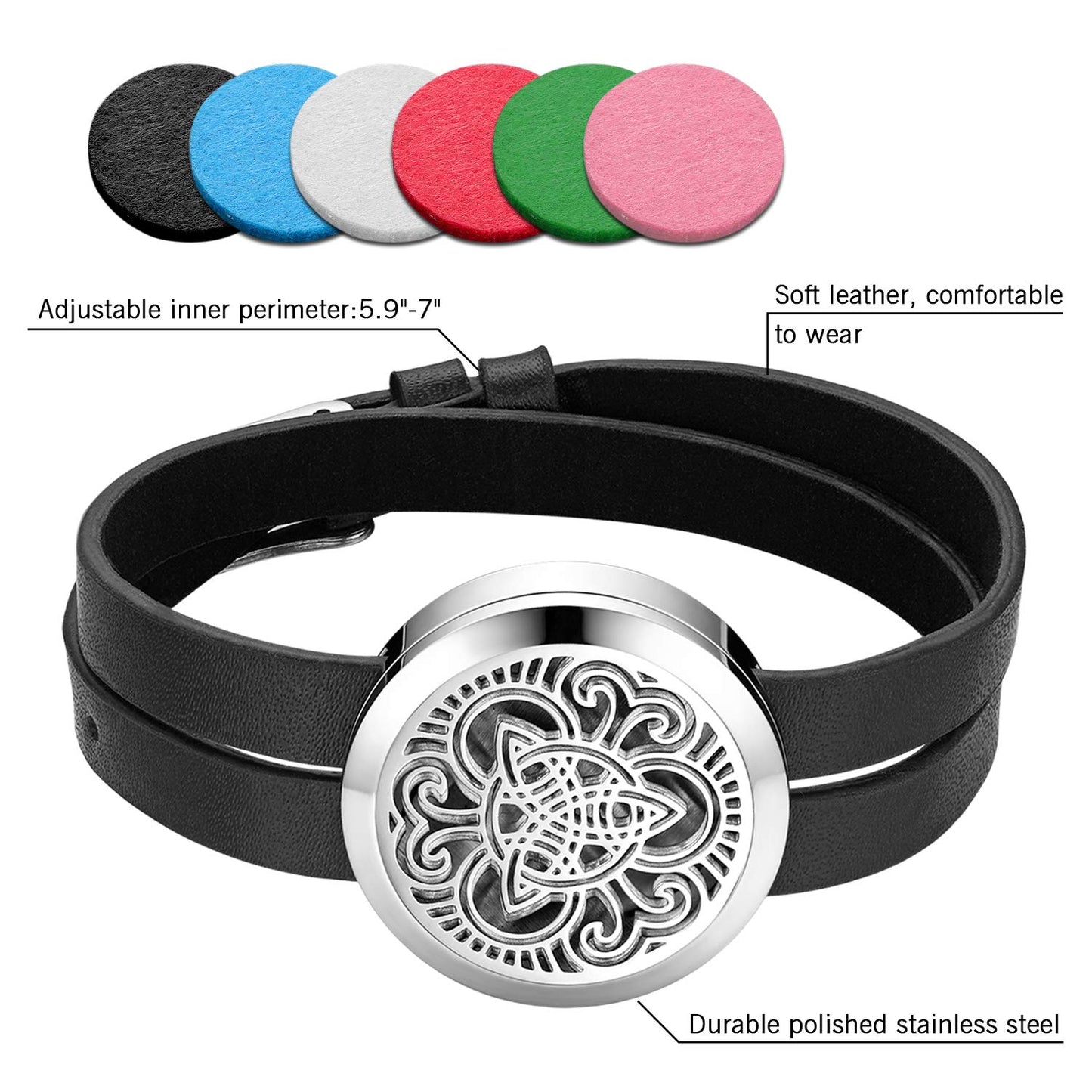 Essential Aromatherapy Oil Diffuser Locket Hollow Celtic Charm Leather Wrap Bracelet with 6 Color Pads,Size Adjustable,Black