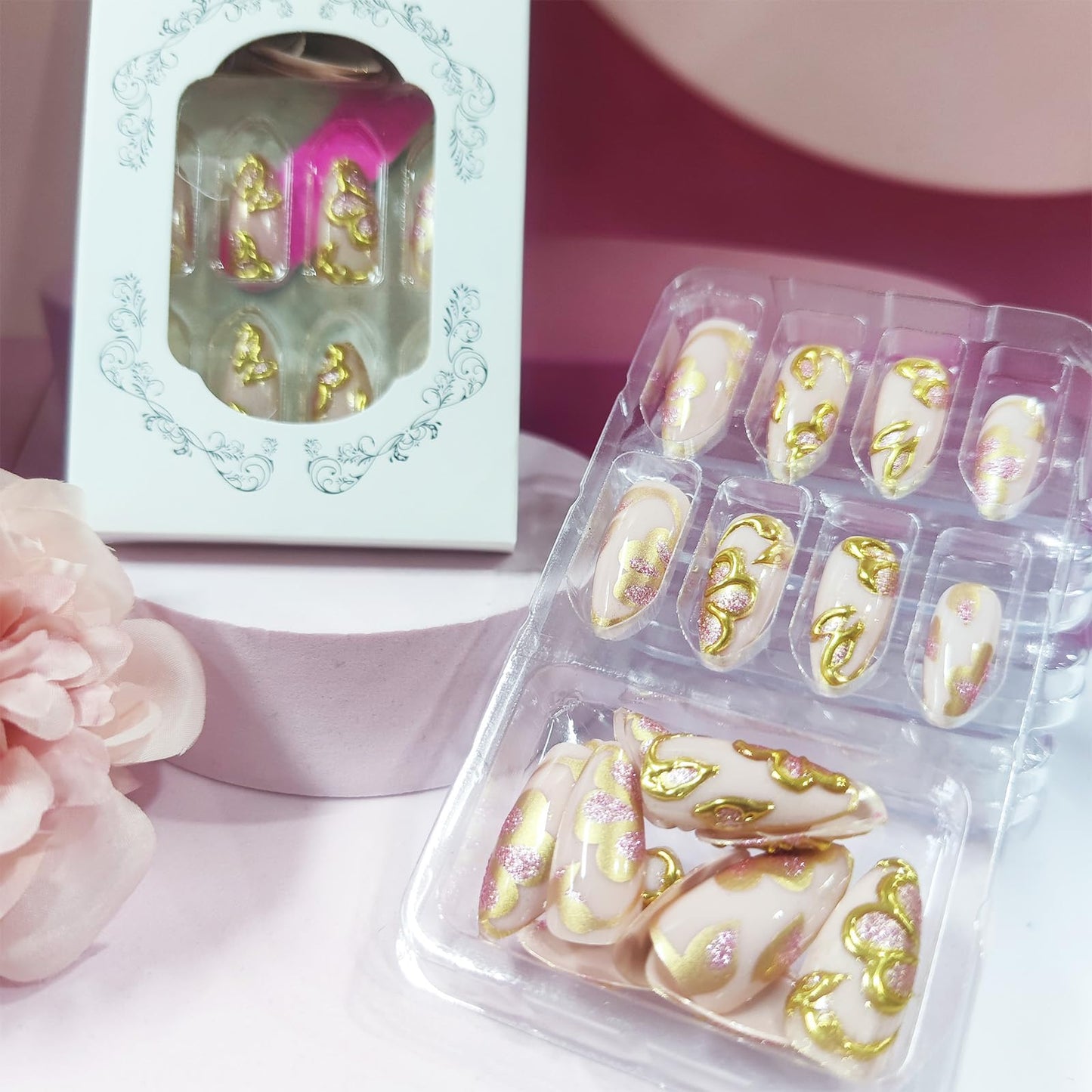 3D Gold Flower Press on Nails 24Pcs Peach Blossom Medium Almond Fake Nails Leaves Gel Glue on Fingernails Glossy Pink Glitter Stick on Nail Acrylic Full Cover False Nail for Holiday Manicure Art