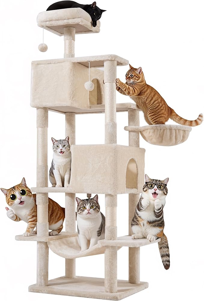 54 Inches Cat Tree Tower Condo Furniture, Cat Tower for Indoor Cats, Cozy Hammock and Sisal Scratching Posts, Multi-Level Durable Cat Scratch Post for Kittens Pet House Play, Detachable Toy, Beige